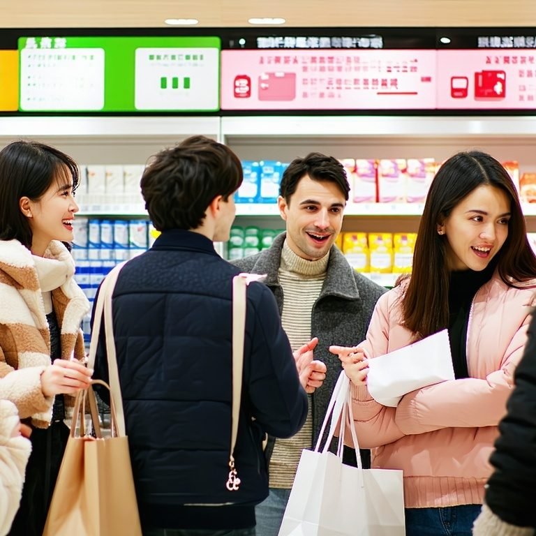 A diverse group of shoppers interacting with multi
