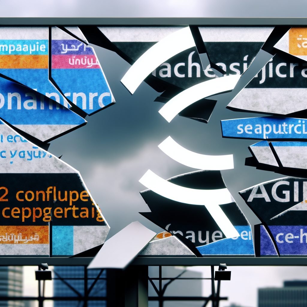 A fractured billboard showing a brand’s slogan spl