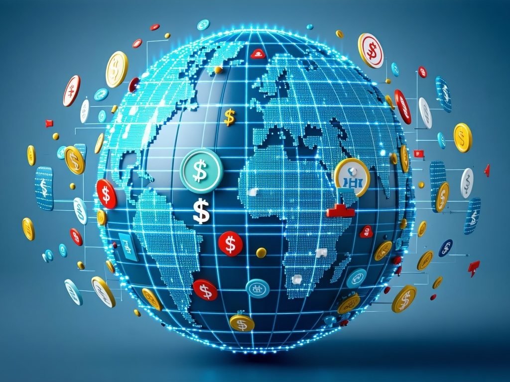 A globe with various banking symbols and currencie