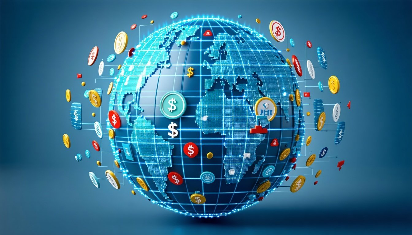 A globe with various banking symbols and currencie