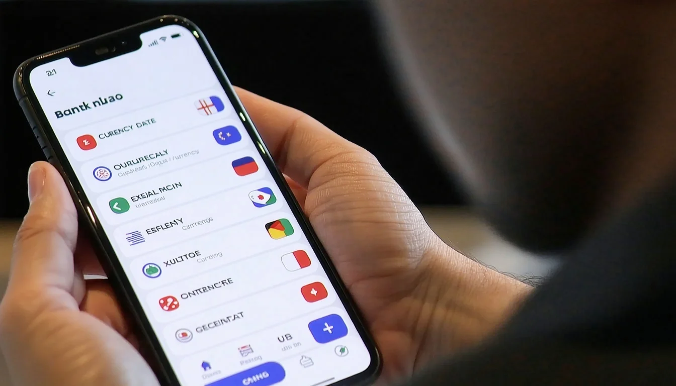 A user interacting with a mobile banking app that displays multiple language options The screen shows culturally adapted elements like local currency .jpeg