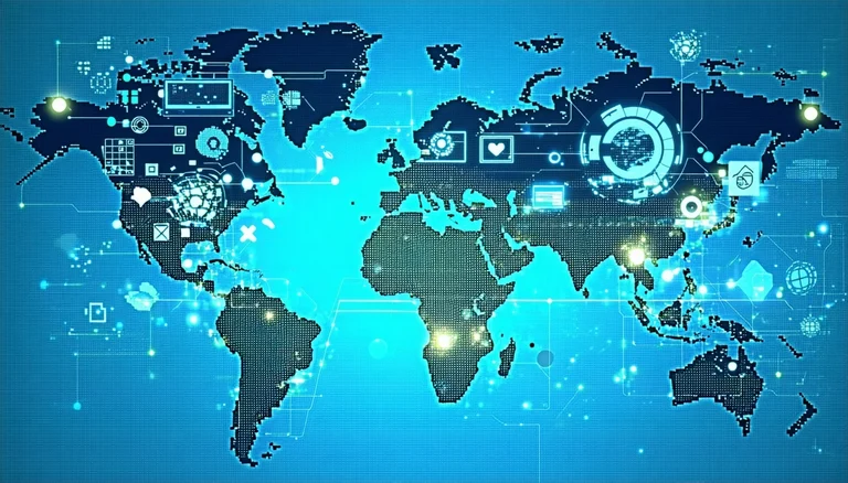 A world map with key regions highlighted overlaid with icons representing media and strategy .jpeg
